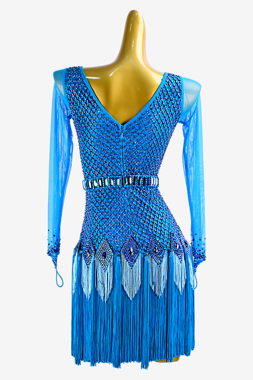Permino deep sky blue crystal fishnet Latin dress with mesh sleeves, beaded fringe, fringe underskirts and rhinestone