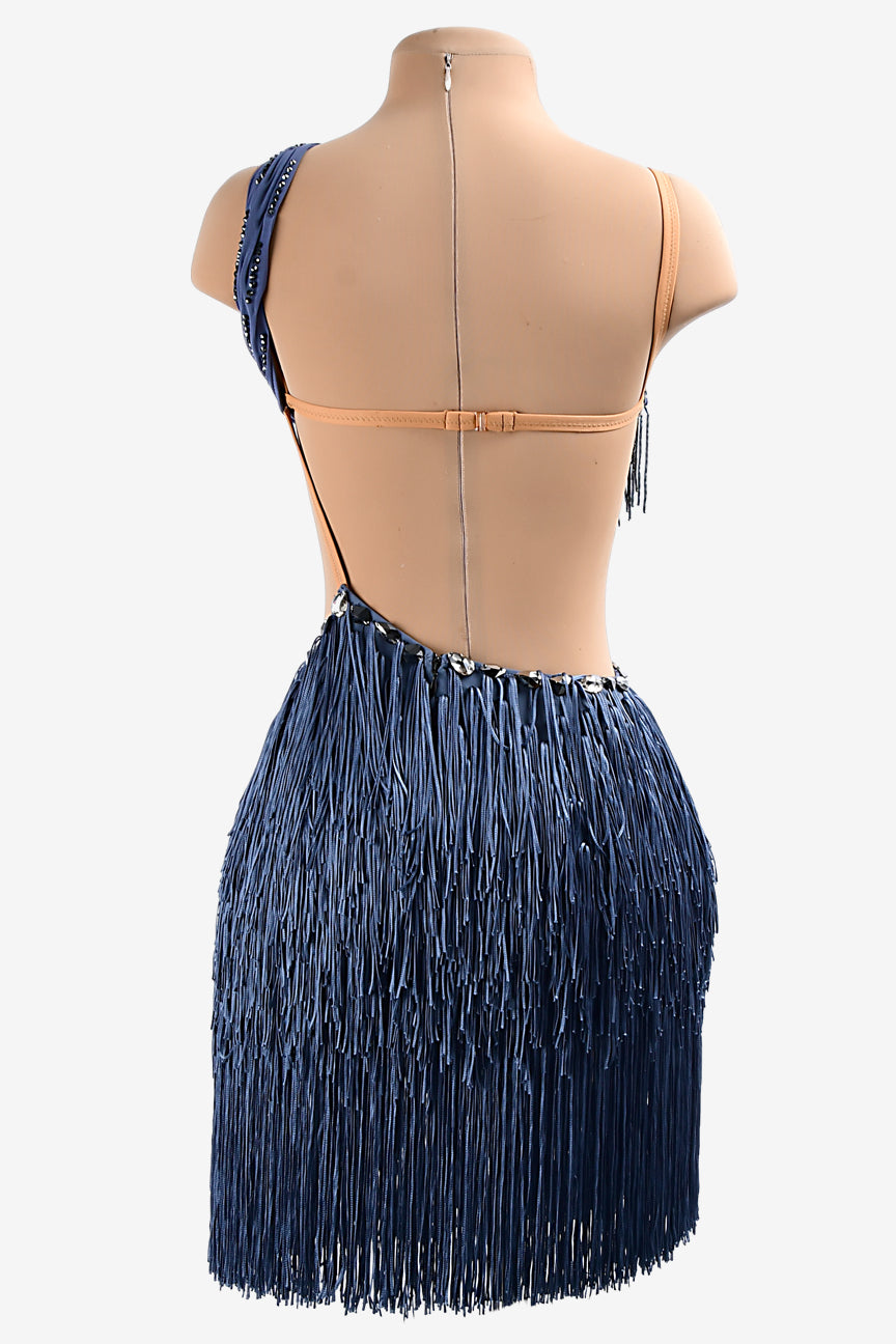 Permino light steel blue matt lycra Latin dress with fringes, beaded fringes, crystals & sew-on stones