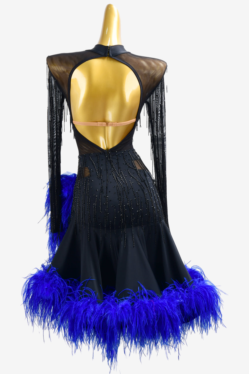 Permino black mesh Latin dress with royalblue feathers, black beaded fringes, rhinestone & sew-on stones