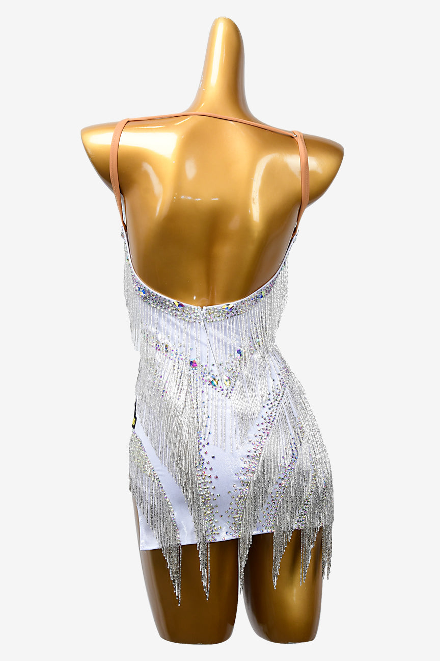 Permino white dot shine lycra Latin dress with beaded fringes, AB crystals & sew-on stones