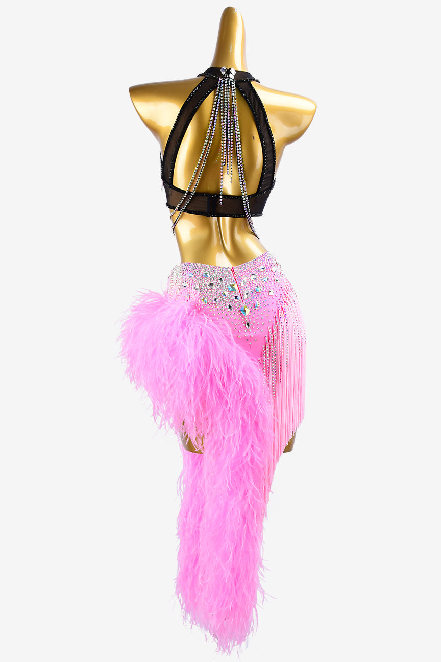 Permino black mesh Latin dress with bright pink underskirt stone fringes, fringes, feathers & AB stones