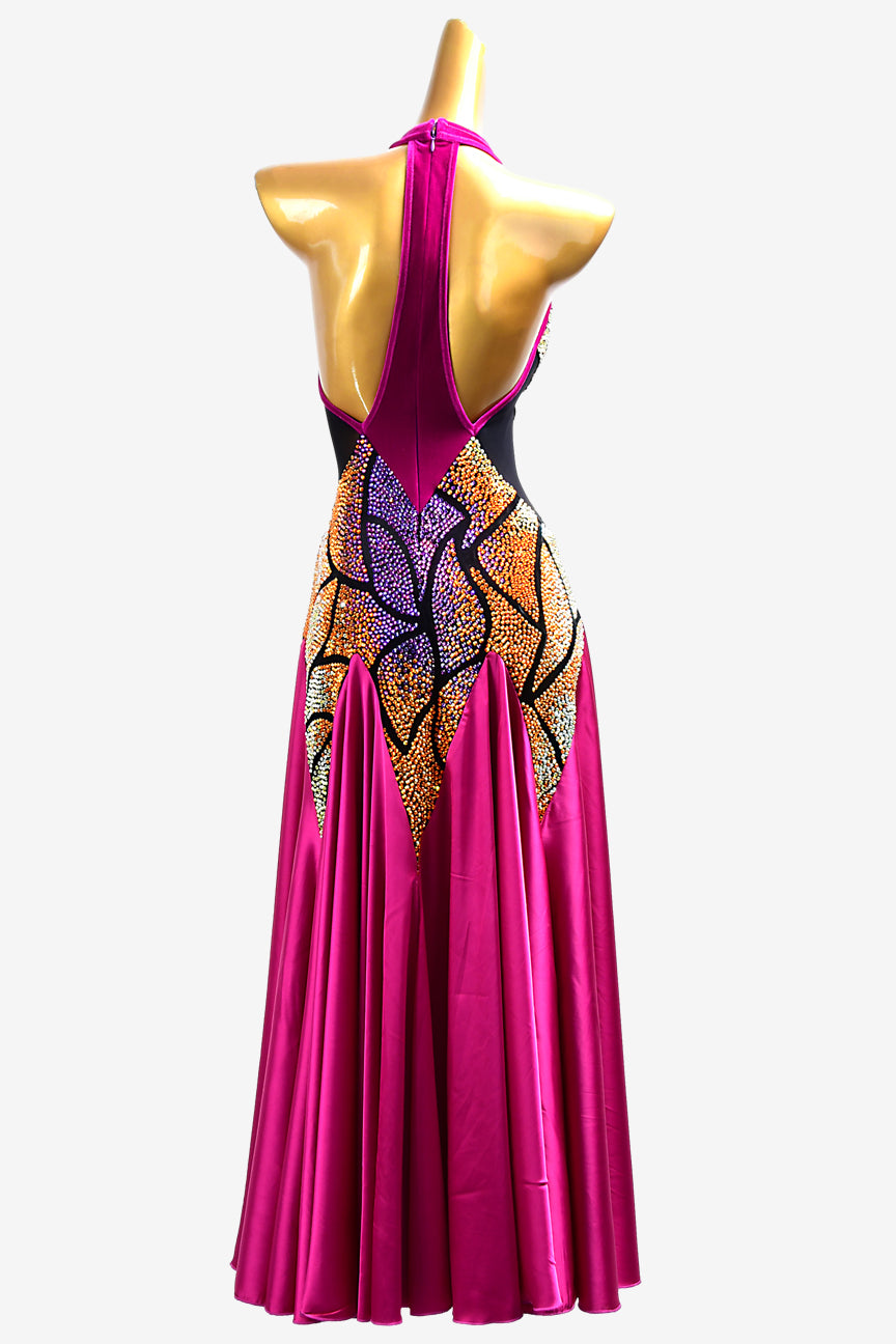 Permino mediumvioletred Smooth dress with stretch satin underskirts with gold shaded purple rhinestone