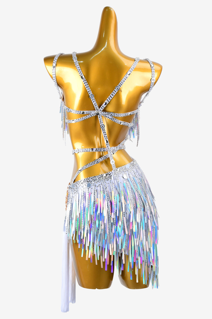 Permino silver dot shine lycra Latin dress with white tassels, crystals & colorful sequins