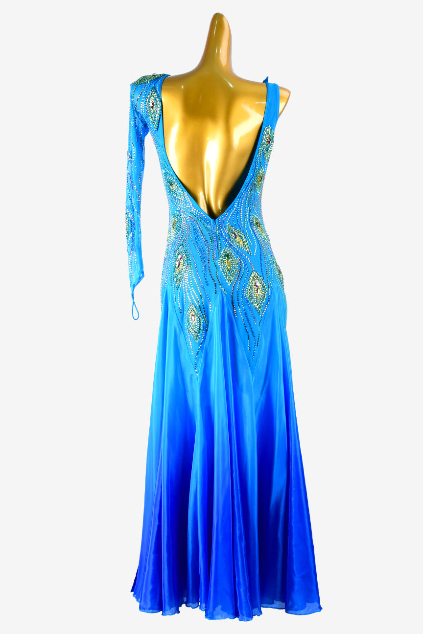 Permino skyblue mesh Standard dress with shaded dark blue pearl chiffon underskirts, crystal AB & rhinestone appliques