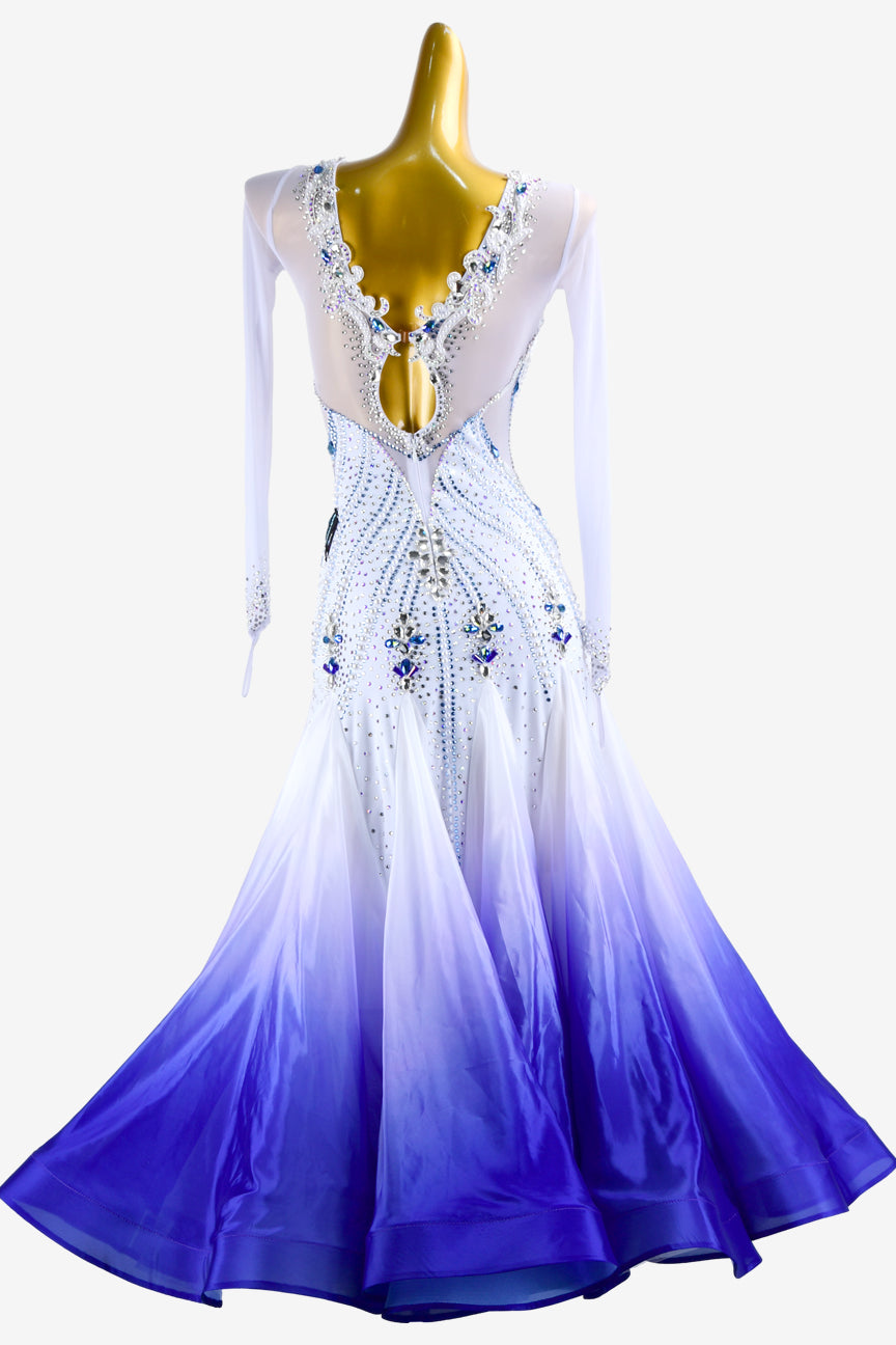 Permino white mesh Standard dress with shaded blue pearl chiffon underskirt, AB crystals & blue sew-on stones