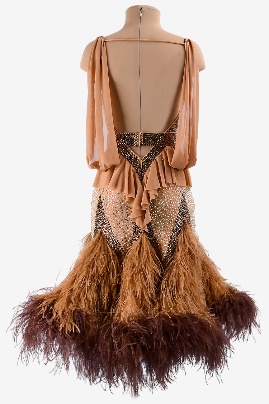 Permino fleshtone lycra Latin dress with draped ruching mesh, feathers & crystal AB