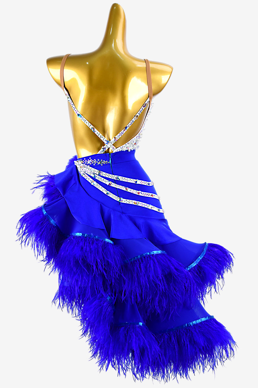 Permino mediumblue Latin dress with ruffle fishbone skirt, feathers and white crystal AB