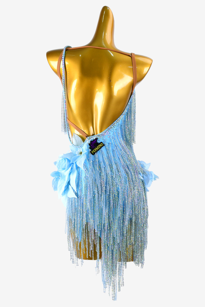 Permino sky blue matt lycra Latin dress with crystal AB, flower appliques & crystal fishnet fringes