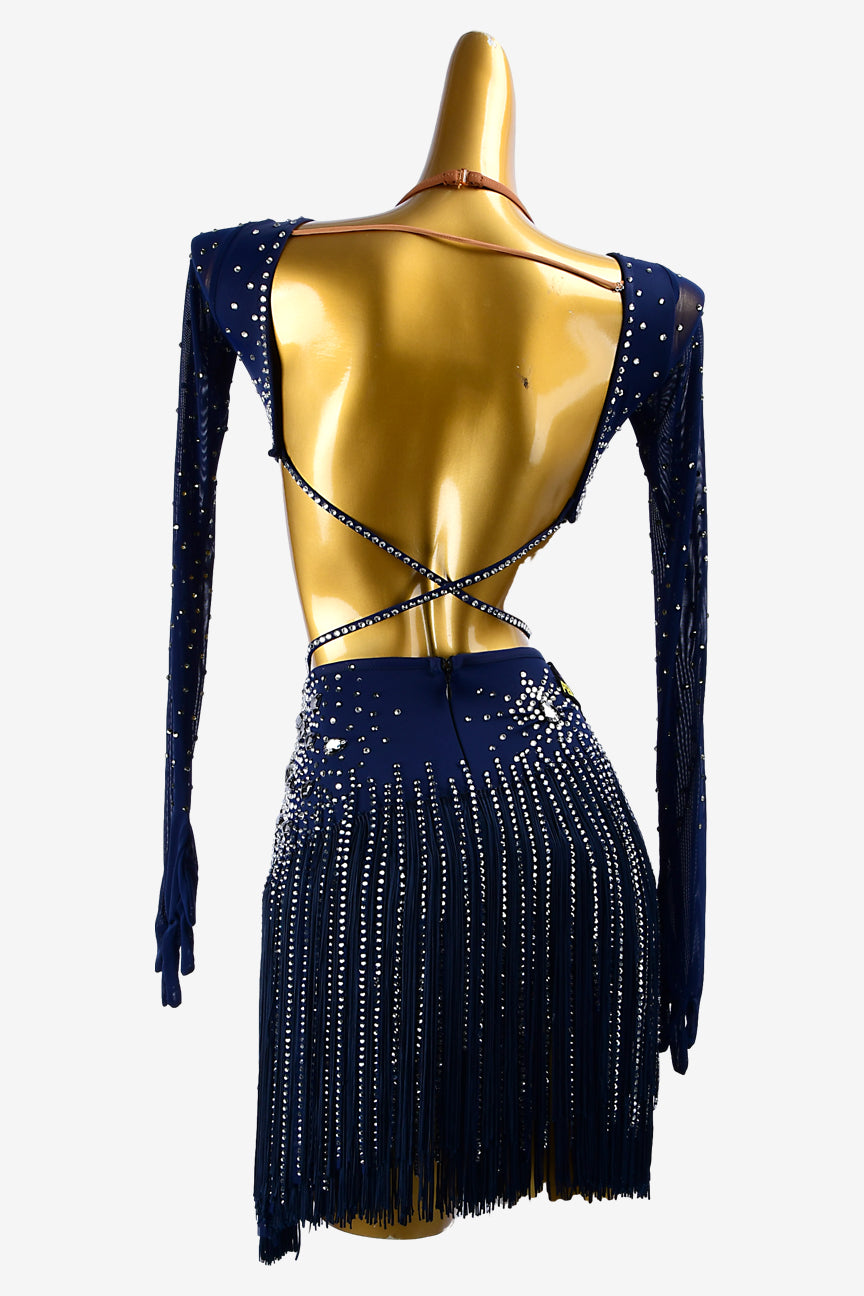 Permino midnightblue mesh Latin dress with stone fringes, fringes, slategray crystals & sew-on stones