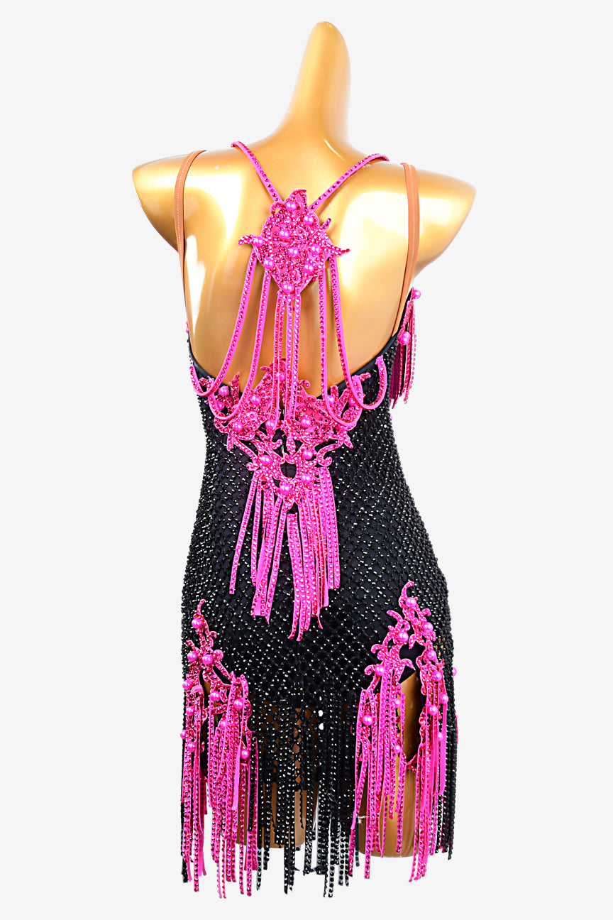 Permino black Latin dress with crystal fishnet, lace appliqués, rhinestones, cerise stone fringes & beadings