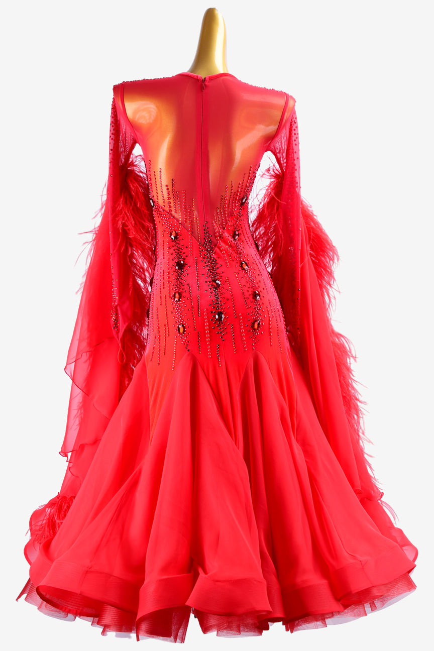 Permino red lycra Standard dress with pearl chiffon underskirt with feathers, crystals & sew-on stones