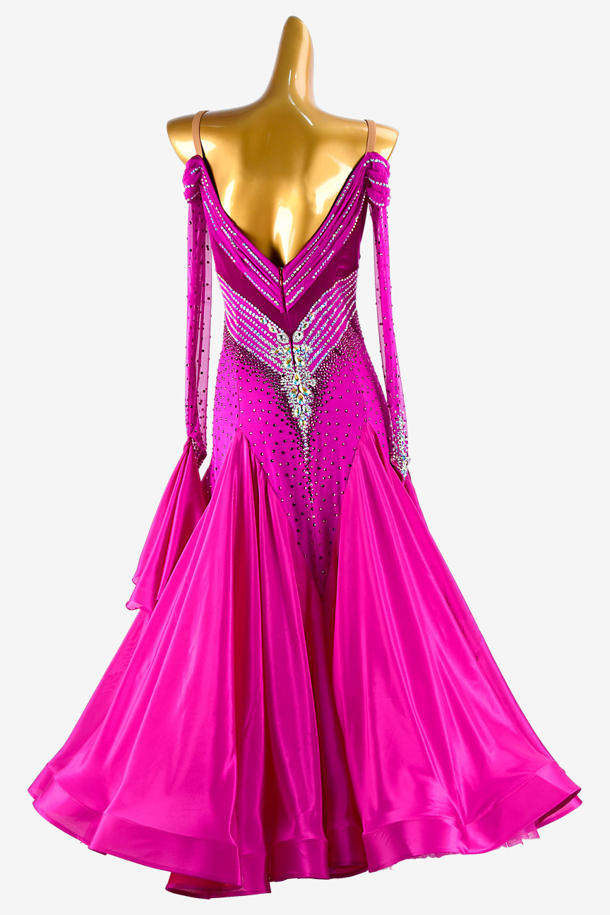 Permino dark magenta velvet and lycra splicing Ballroom dress with pearl chiffon underskirts, mesh sleeves, white AB stones