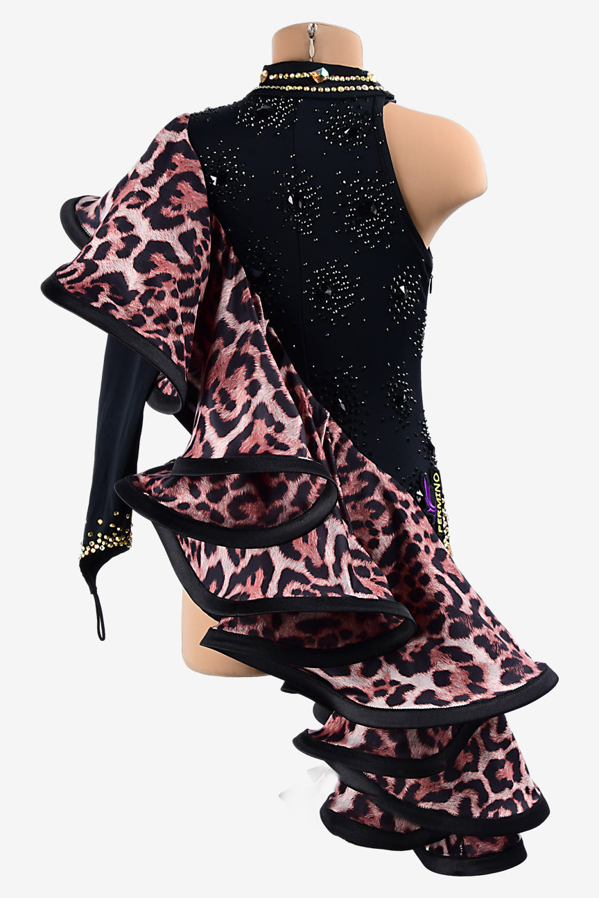 Permino black matt lycra Latin dress with leopard print draping ruffle, black crystals & gold sew-on rhinestones