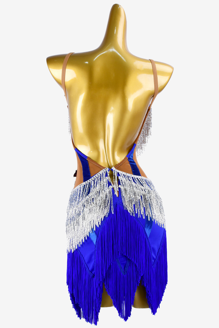 Permino Dark nude & mediumblue Latin dress with white beaded fringes, lace appliqués, mediumblue fringes and white AB stones