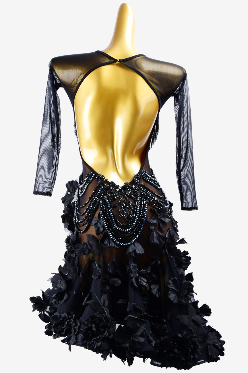 Permino black mesh Latin dress with ruffle fishbone underskirt, beadings, beaded fringes & flower appliques