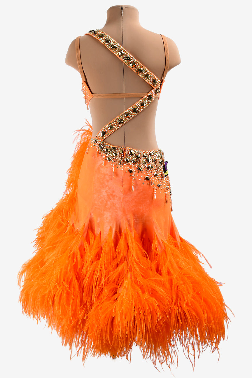 Permino vitality orange Latin dress with gold mirror stones, beadings, feathers, AB stones & sew-on crystals