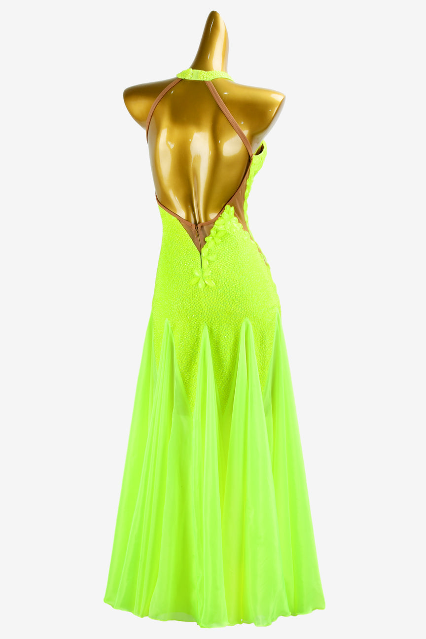 Permino chartreuse backless Ballroom dress with pearl chiffon underskirts, crystals & rhinestone applique