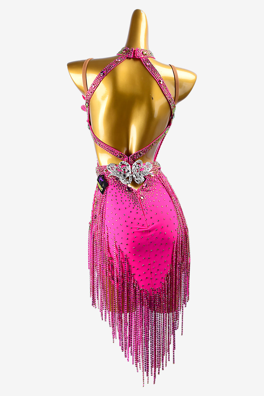 Permino phosphor Latin dress with rhinestone applique, stone fringes, beadings, crystals & sew-on stones