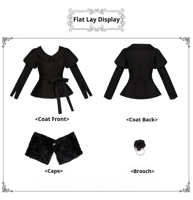 With PUJI~Old Testament~Classic Lolita Coat Black Plush Lolita Cape and Brooch