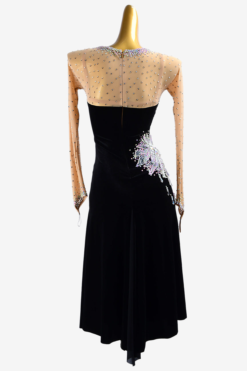 Permino black Latin dress with fleshtone mesh sleeves, beadings, flower appliques, AB crystals & sew-on stones