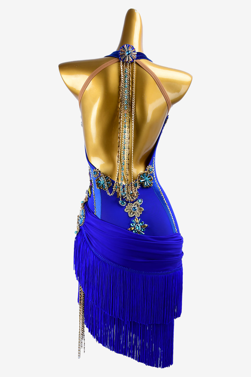 Permino mediumblue mesh Latin dress with gold chains, crystal appliqués , rhinestones & fringes