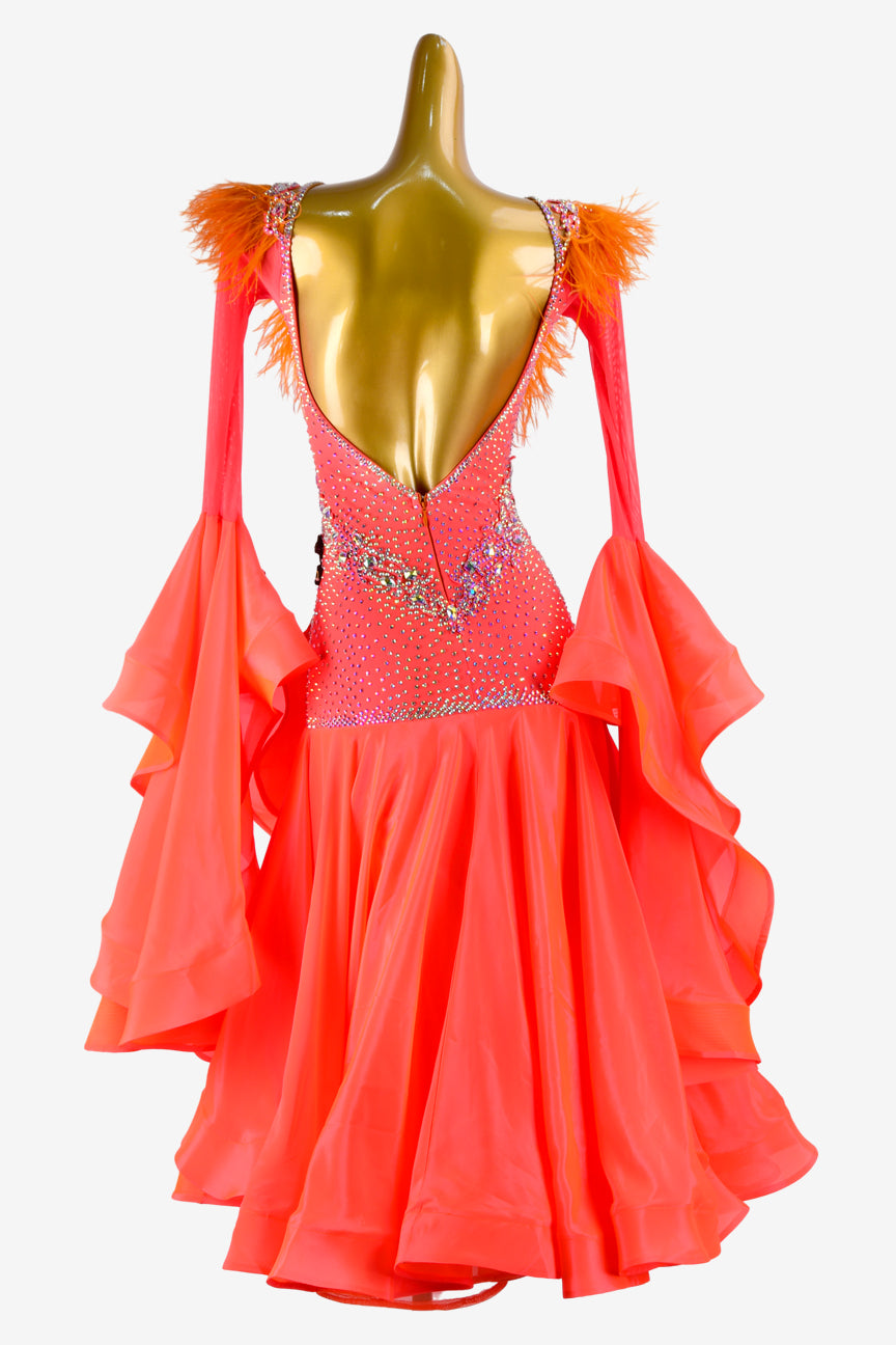 Permino vitality orange Standard dress with pearl chiffon underskirt, crystal AB & feathers