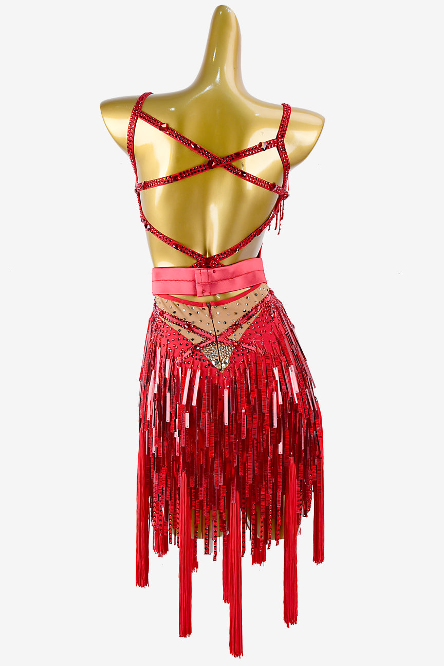 Permino crimson matt lycra Latin dress with stone fringes, sequins, beaded fringes, tassels and crystals