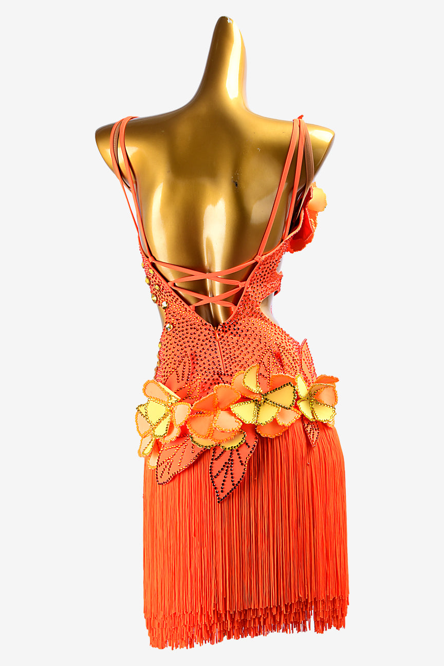 Permino orange matt lycra Latin dress with fringes, flower appliques, crystals & sew-on stones