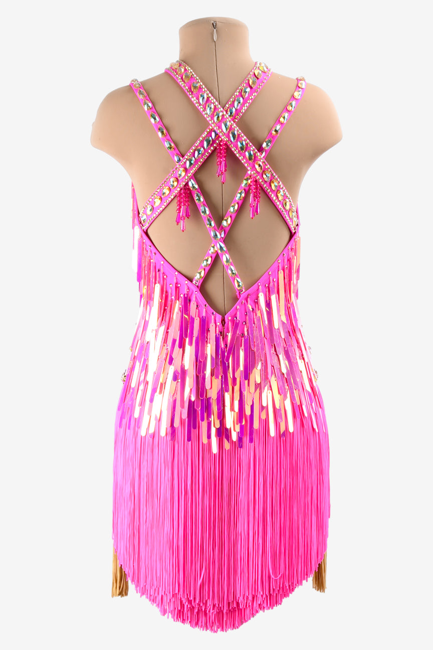 Permino mediumvioletred Latin dress with fringes, gold leaf, sequins, gold crystals & sew-on stones