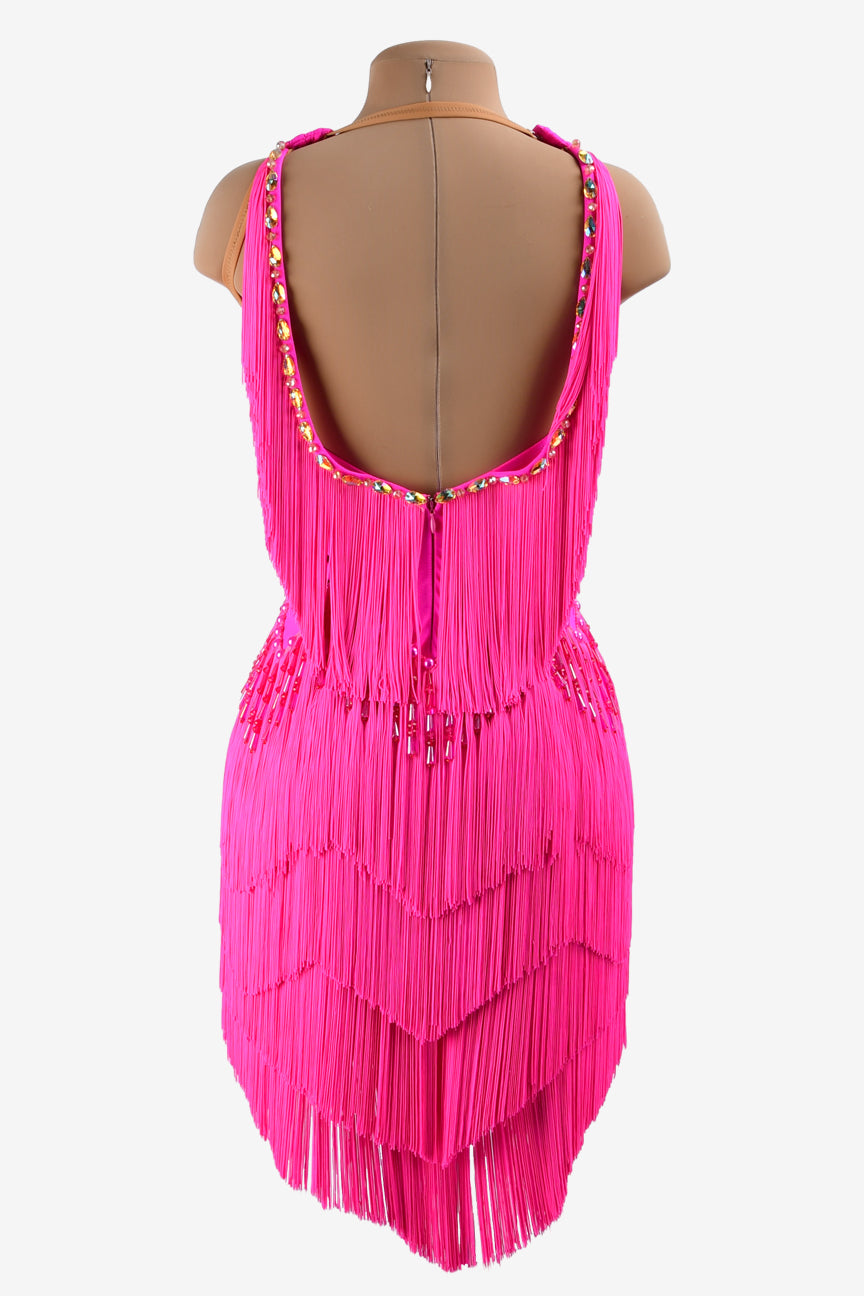 Permino phosphor powder lycra Latin dress with beadings, fringes, crystals & sew-on stones