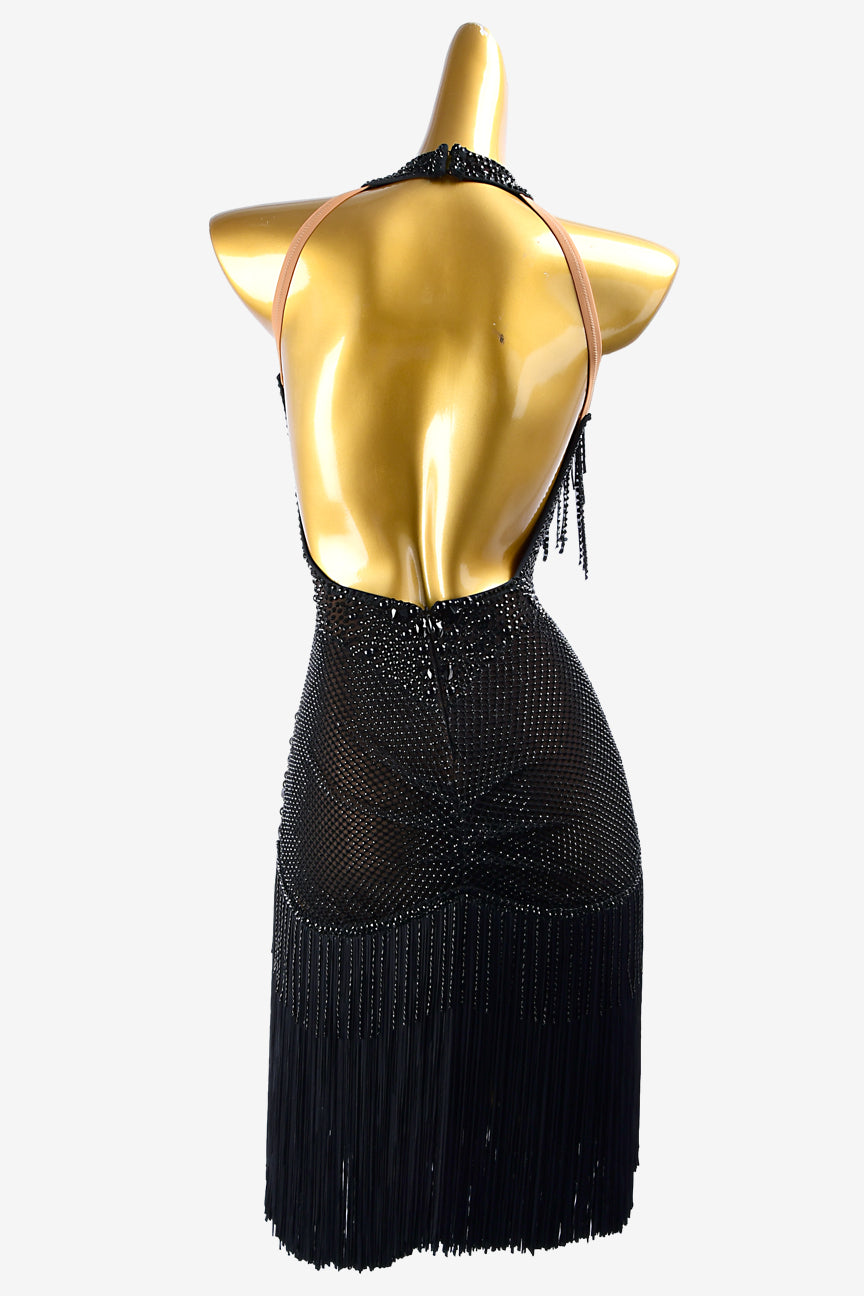 Permino black mesh Latin dress with crystal fishnet underskirt, beaded fringes, rhinestones & fringes