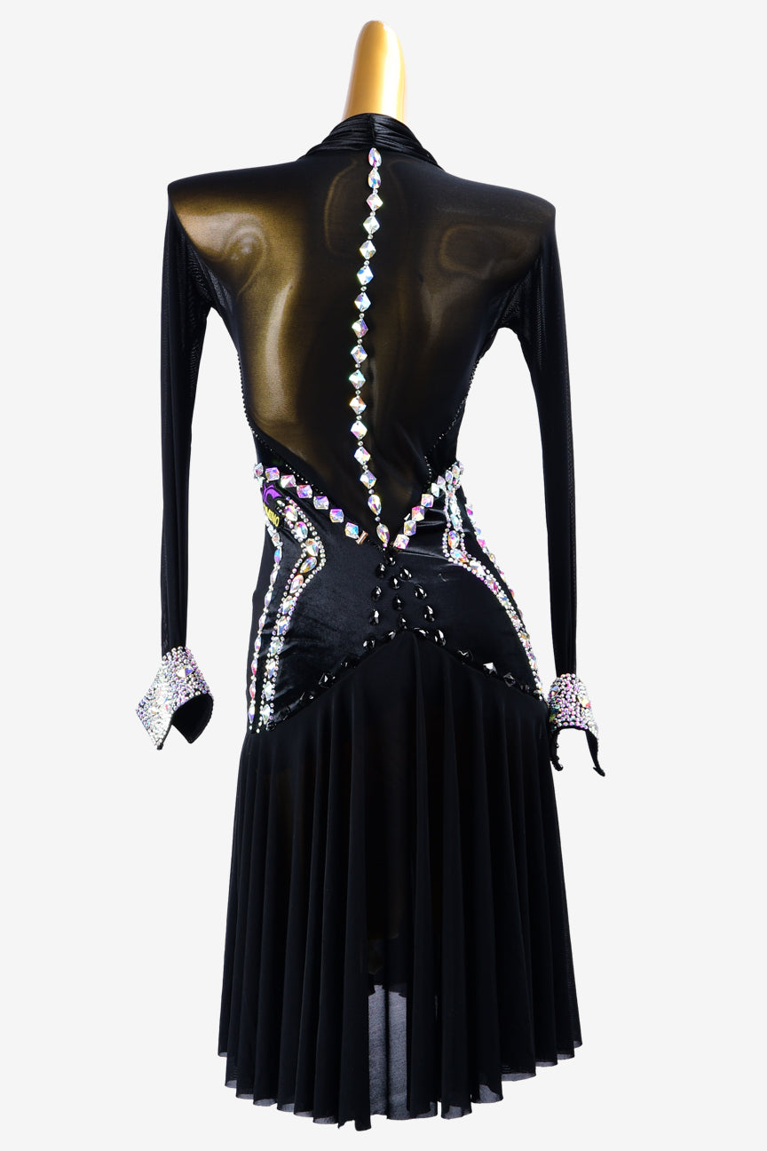 Permino black mesh & smooth Velvet Latin dress with AB crystals & AB sew-on stones