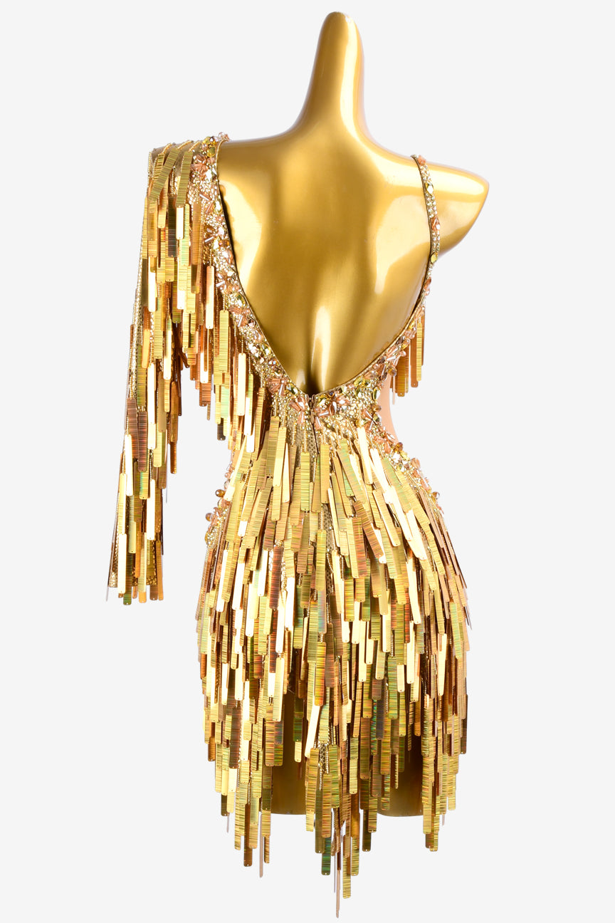 Permino gold dot shine lycra Latin dress with fully sequins dress, crystals & sew-on stones