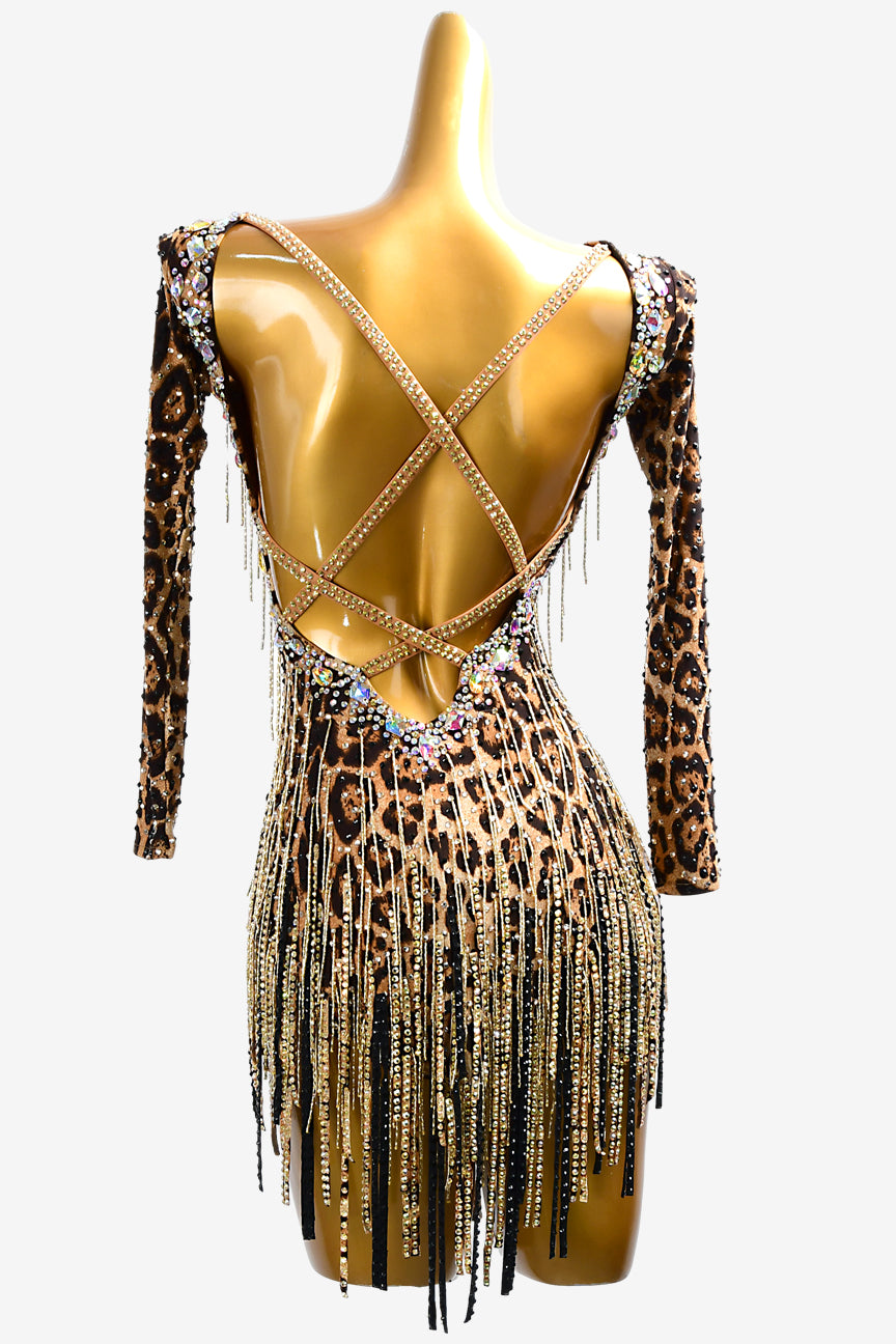 Permino leopard print Latin dress with white crystal AB, stone fringes & gold beaded fringes