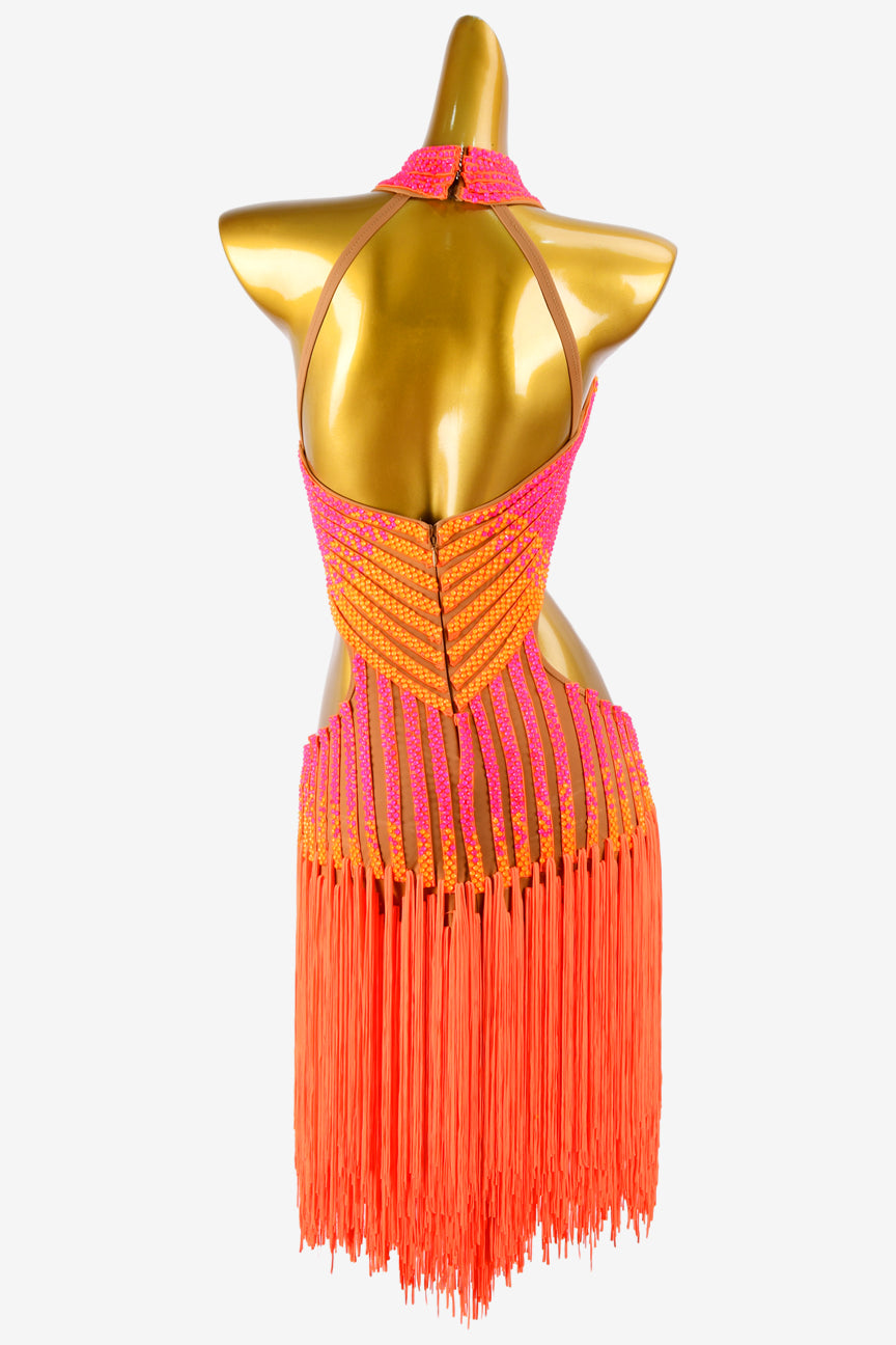 Permino fleshtone matt lycra Latin dress with fringes, fluorescent orange & sun orange rhinestone