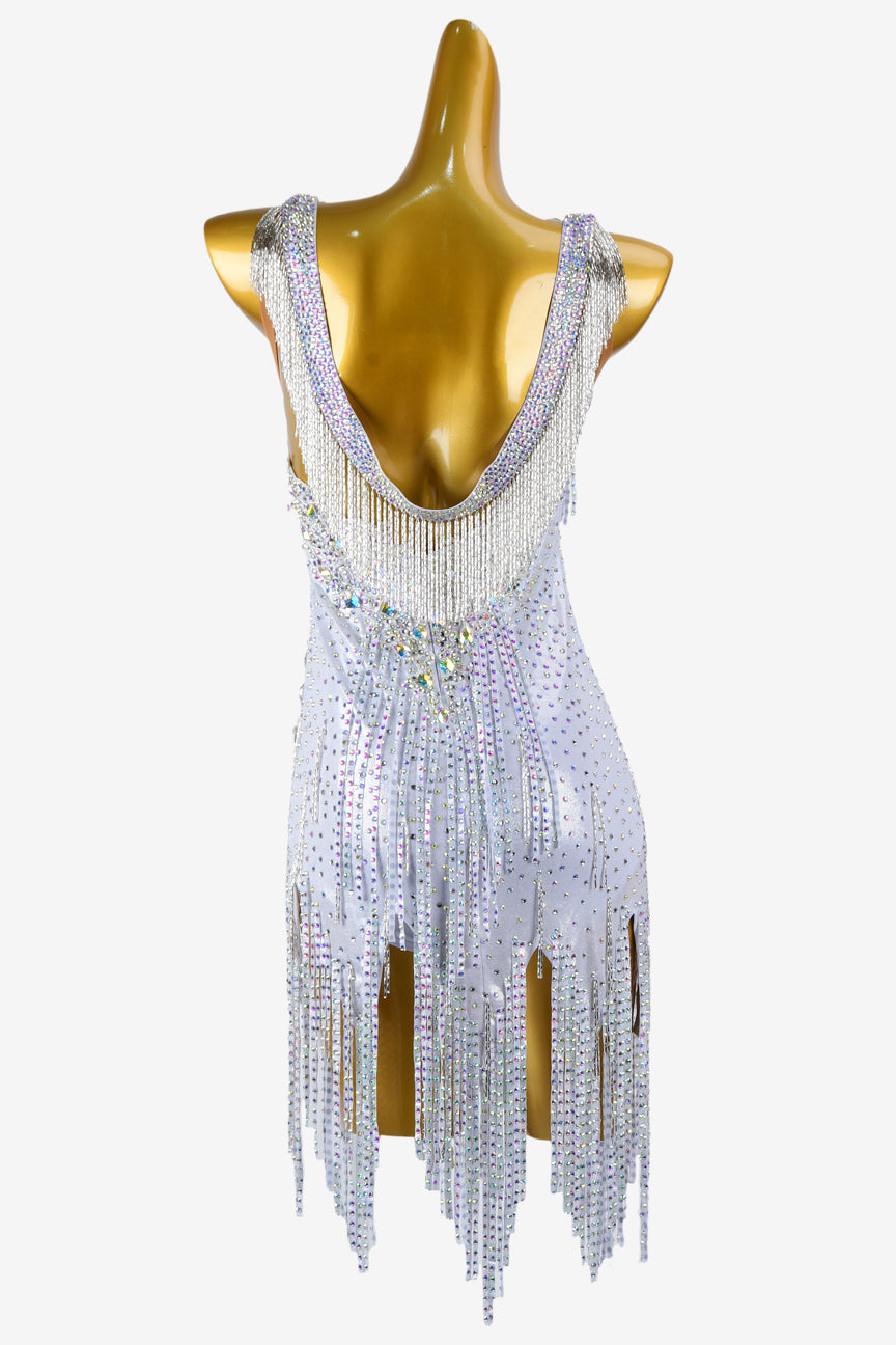 Permino silver dot shine lycra Latin dress with stone fringes, white beaded fringes, crystal AB & cyan sew-on stones