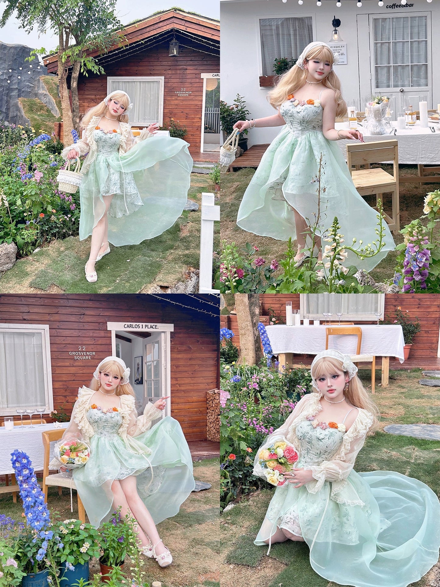 Yingtang~Plus Size Lolita JSK Dress Green Floral Lolita Dress Caidigan Set