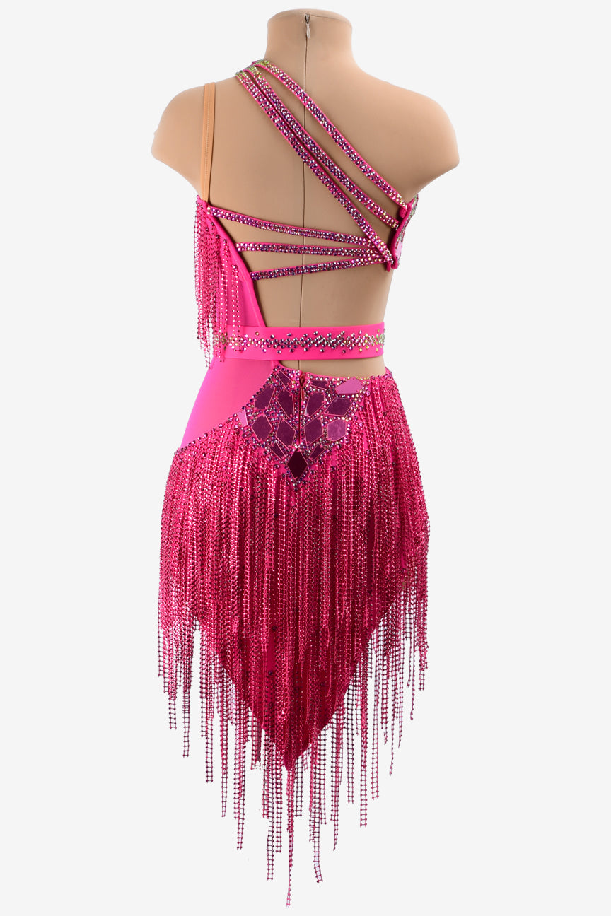 Permino carmine matt lycra Latin dress with crystal fishnet fringes, mirror stones and rhinestones