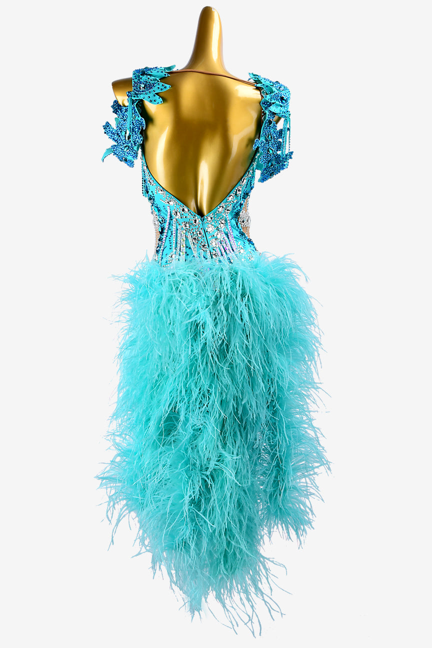 Permino sky blue lycra and fleshtone mesh Latin dress with crystal AB, rhinestone appliqués , feathers & stone fringes