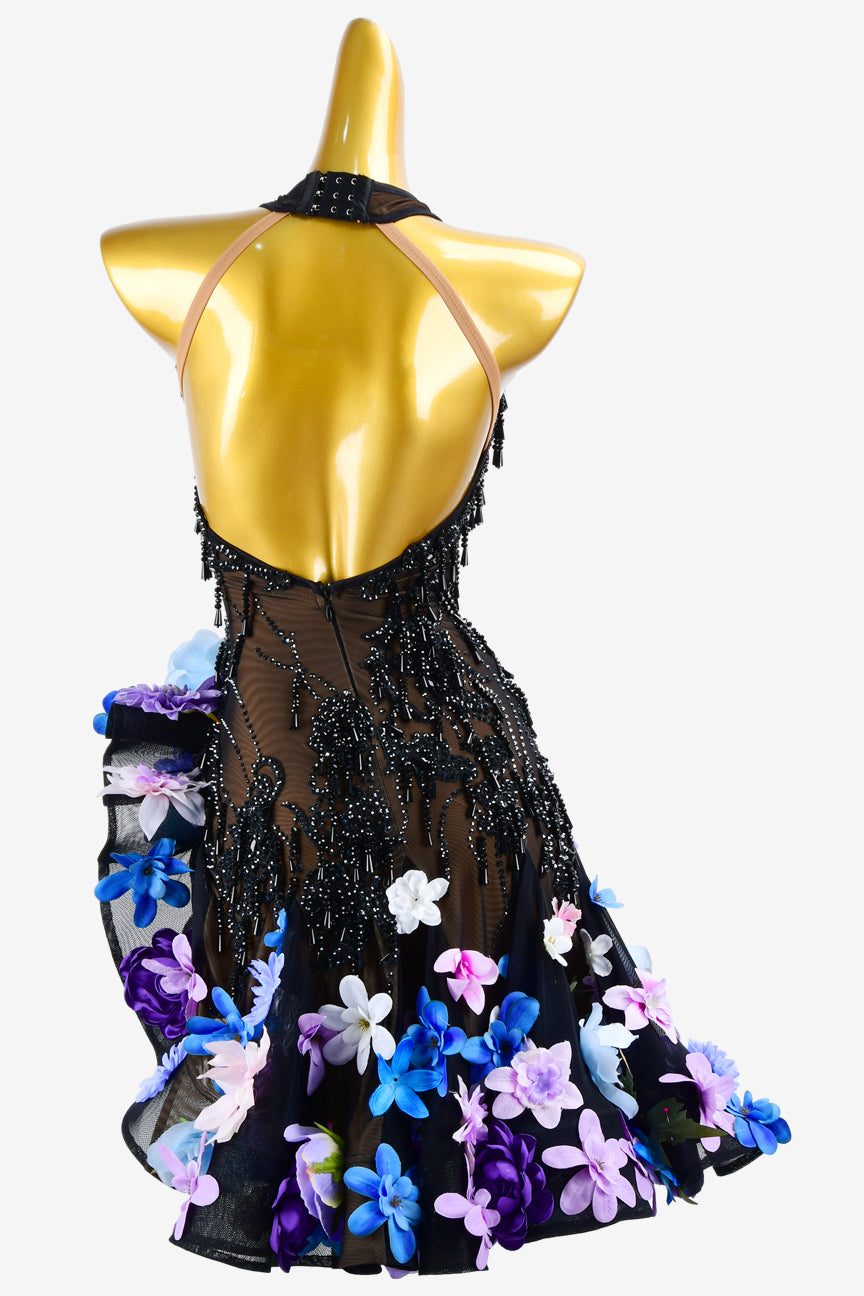 Permino black mesh Latin dress with ruffle fishbone skirt, beadings, crystals & flower applique