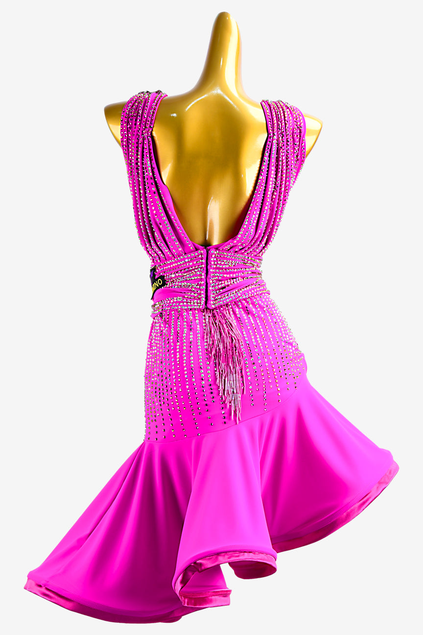 Light pink Latin dress with white rhinestones and beaded fringes
