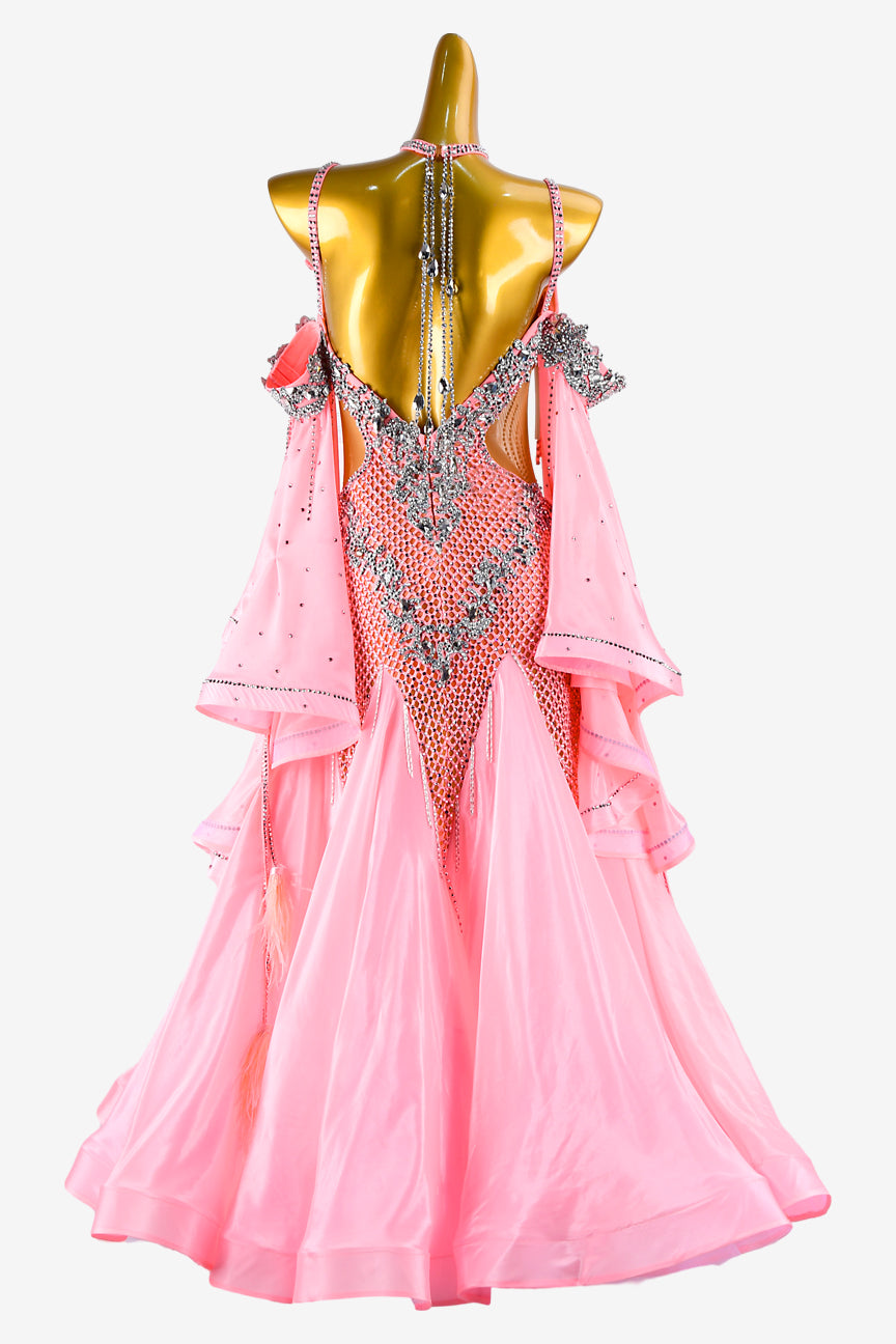 Permino pink crystal fishnet Standard dress with stretch satin underskirts, lace, float, silver rhinestone & beaded fringes