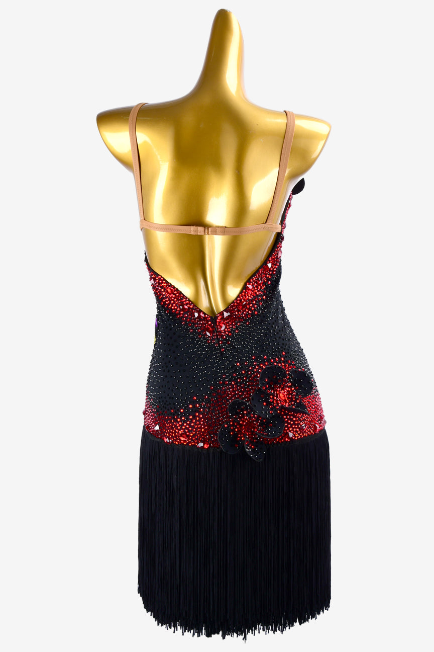 Permino black matt lycra Latin dress with fringes, rhinestone appliques, red crystals & sew-on stones