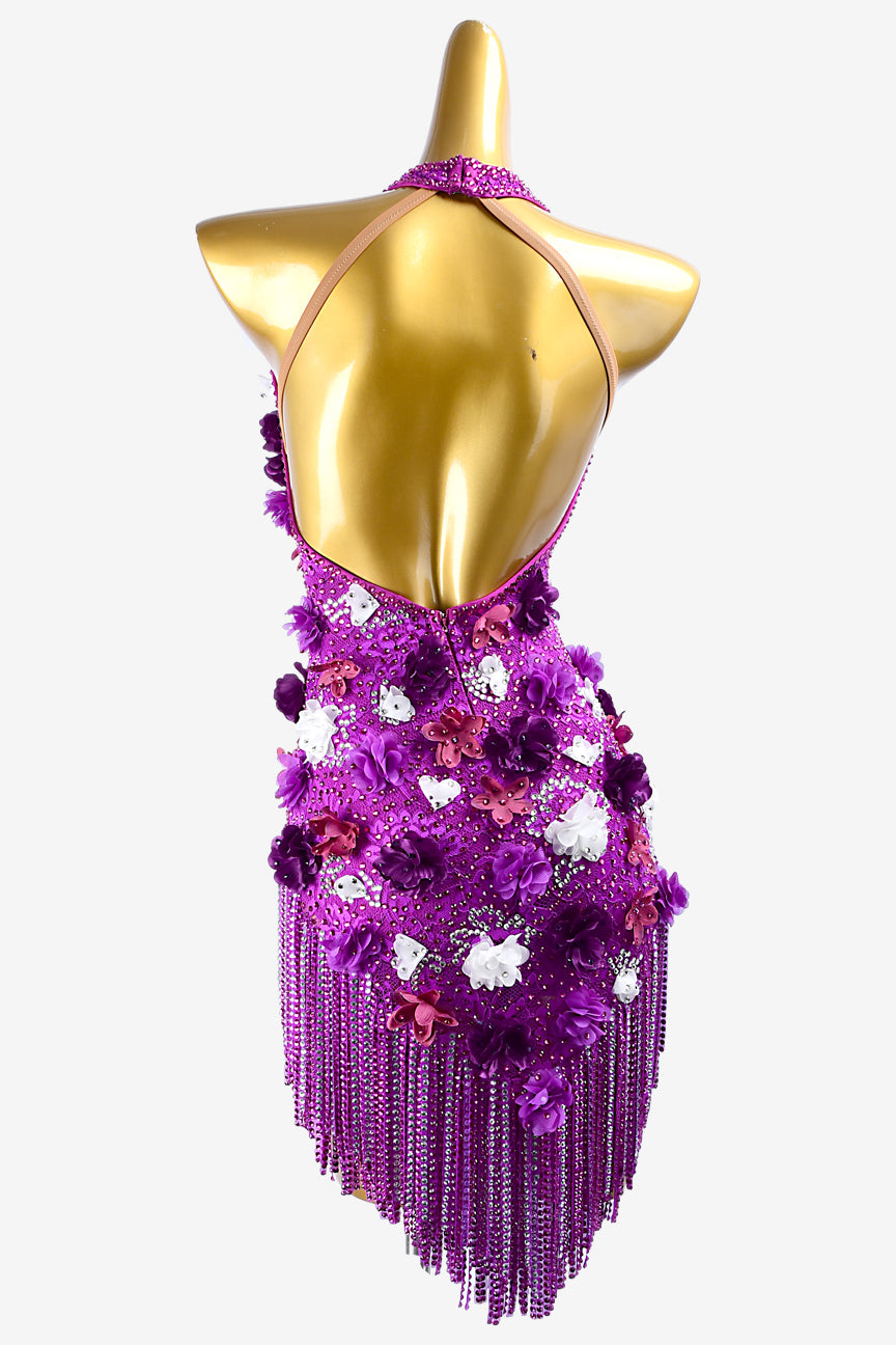 Permino brilliant violet lycra Latin dress with stone fringes, silver crystals & flower appliques
