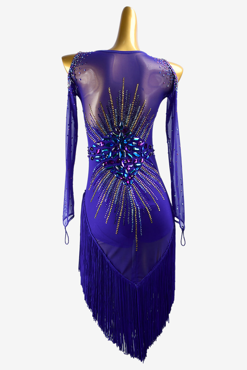 Permino violet orchid mesh long sleeves and off-shoulder Latin dress with fringes, AB sew-on stone & crystals