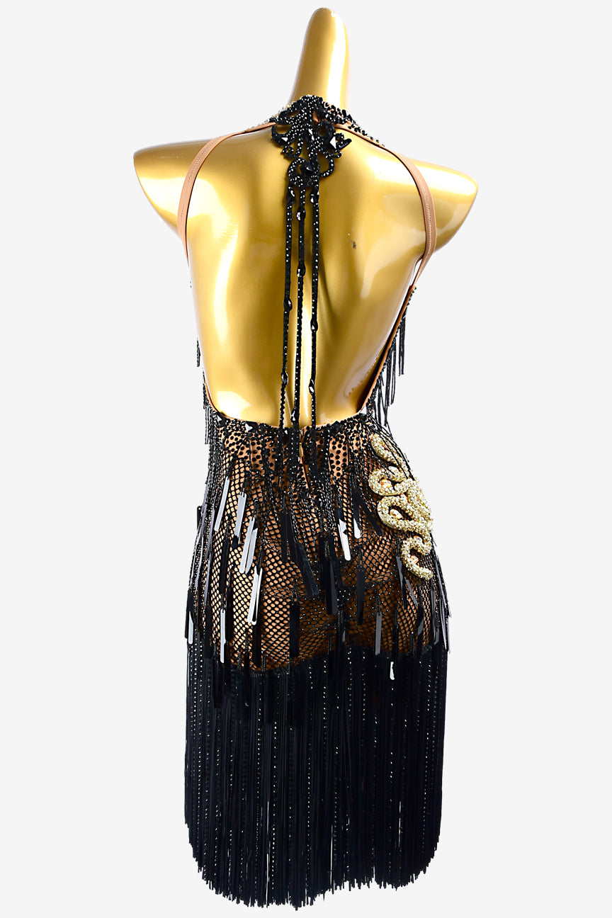 Permino fleshtone lycra Latin dress with black fishnet, stone fringes, fringes, crystals, sequins & gold stone string