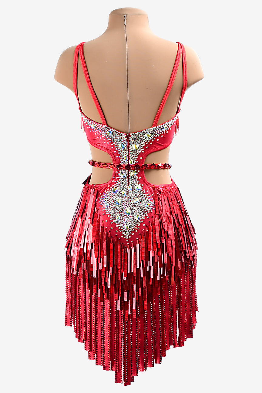 Permino red lustre lycra Latin dress with stone fringes, beaded fringes, sequins, AB crystals & sew-on stones