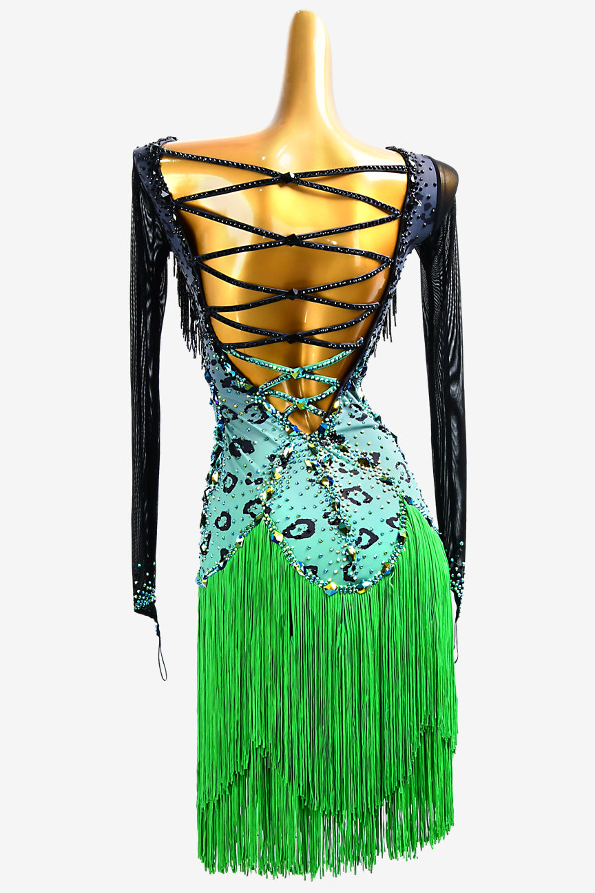 Permino black shaded mediumaqumaarine Leopard Latin dress with black beaded fringe, AB stones and green fringes