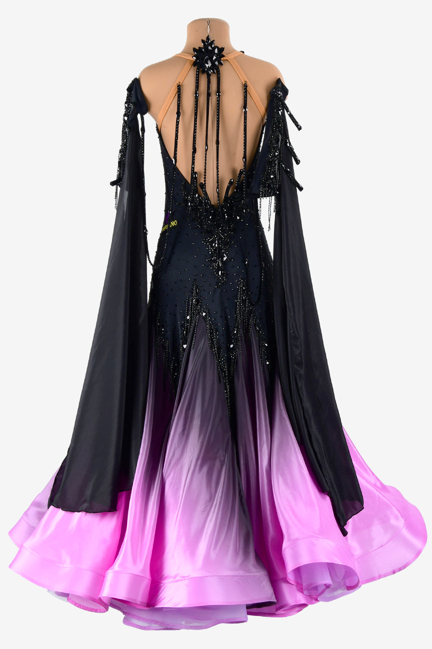Permino black Standard dress with with shaded bright pink pearl chiffon underskirts, rhinestones & beaded fringes