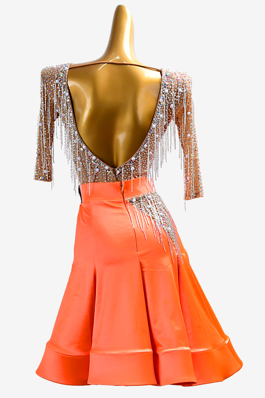 Permino fleshtone Latin dress with coral underskirts, crystal AB, white beaded fringes & Beaddings